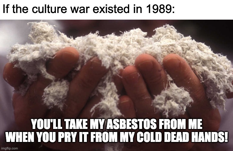 Big Government is coming for our asbestos. Be afraid! | If the culture war existed in 1989:; YOU'LL TAKE MY ASBESTOS FROM ME WHEN YOU PRY IT FROM MY COLD DEAD HANDS! | image tagged in asbestos,culture war,censorship,gas stoves,anti vax | made w/ Imgflip meme maker