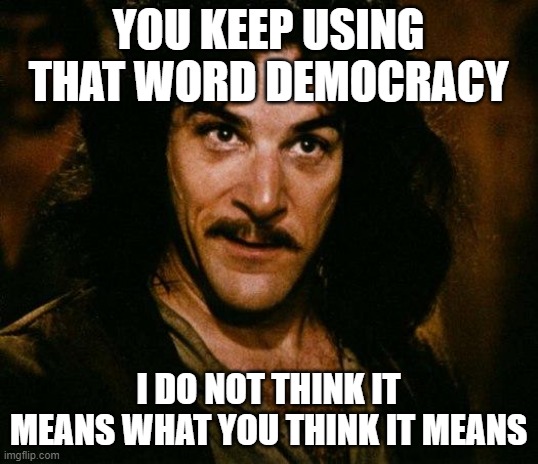 that word | YOU KEEP USING THAT WORD DEMOCRACY; I DO NOT THINK IT MEANS WHAT YOU THINK IT MEANS | image tagged in inigo montoya | made w/ Imgflip meme maker