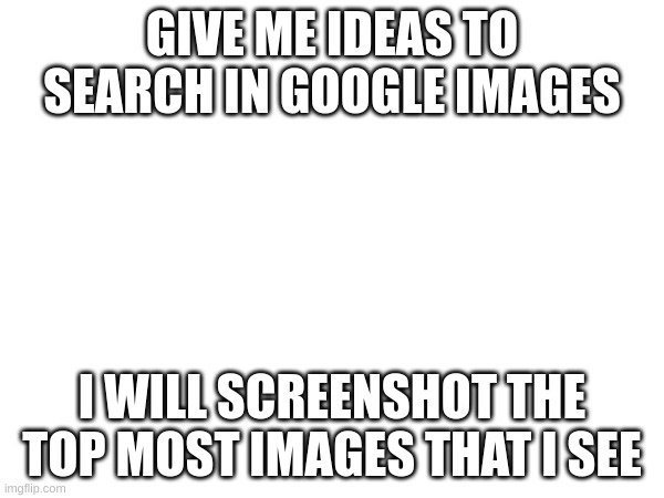 what could you people give me | GIVE ME IDEAS TO SEARCH IN GOOGLE IMAGES; I WILL SCREENSHOT THE TOP MOST IMAGES THAT I SEE | image tagged in blank white template | made w/ Imgflip meme maker