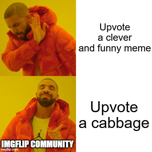 Drake Hotline Bling Meme | Upvote a clever and funny meme; Upvote a cabbage; IMGFLIP COMMUNITY | image tagged in memes,drake hotline bling | made w/ Imgflip meme maker