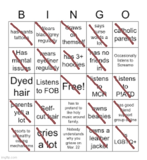bingo | image tagged in emo bingo | made w/ Imgflip meme maker