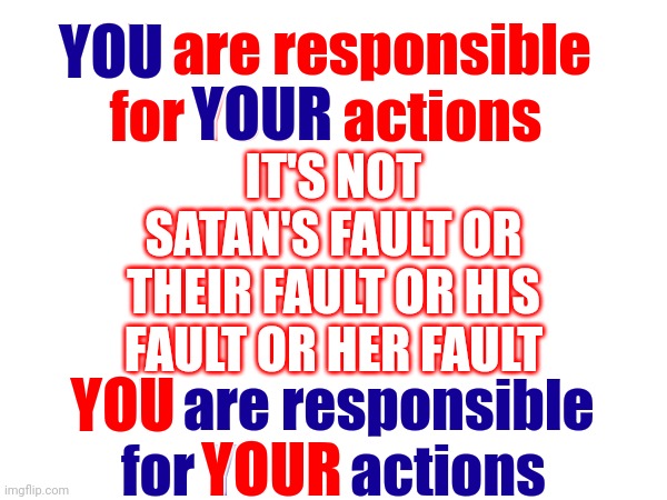 YOU Can, And Probably Will, Face The Consequences For YOUR Actions | YOU are responsible for YOUR actions; YOU; YOUR; IT'S NOT SATAN'S FAULT OR THEIR FAULT OR HIS FAULT OR HER FAULT; YOU; YOU are responsible for YOUR actions; YOUR | image tagged in consequences,responsibility,memes,it's not satan's fault,take responsibility,grow up | made w/ Imgflip meme maker