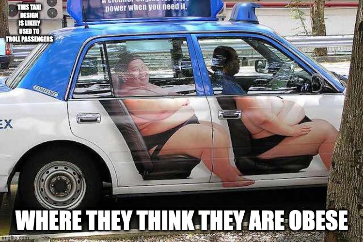 Funny Taxi Design | THIS TAXI DESIGN IS LIKELY USED TO TROLL PASSENGERS; WHERE THEY THINK THEY ARE OBESE | image tagged in taxi,funny,memes | made w/ Imgflip meme maker