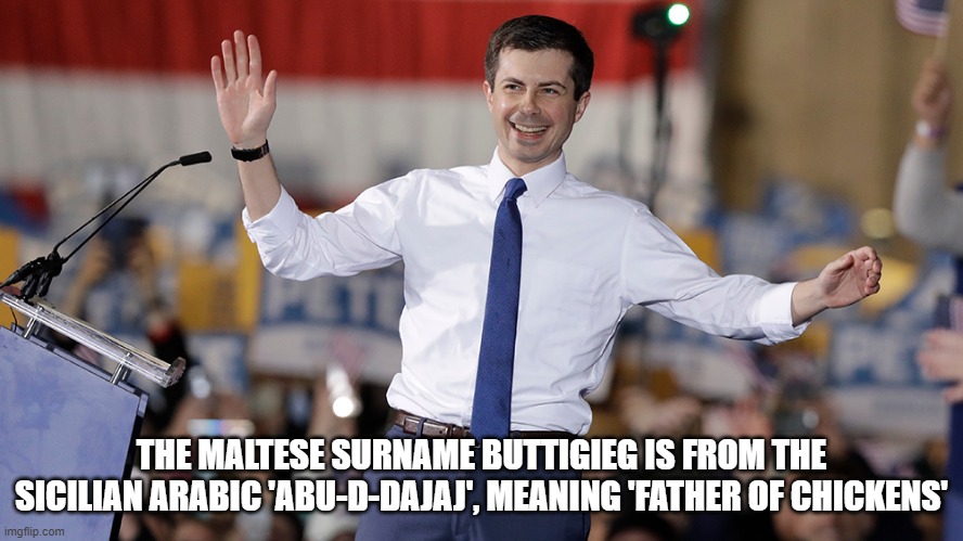 fun fact | THE MALTESE SURNAME BUTTIGIEG IS FROM THE SICILIAN ARABIC 'ABU-D-DAJAJ', MEANING 'FATHER OF CHICKENS' | image tagged in pete buttigieg | made w/ Imgflip meme maker