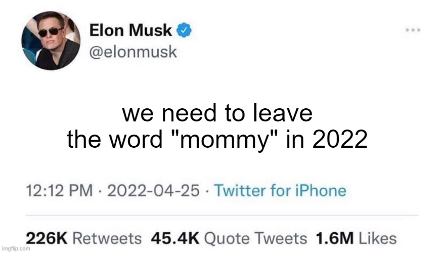 /srs | we need to leave the word "mommy" in 2022 | image tagged in elon musk buying twitter | made w/ Imgflip meme maker