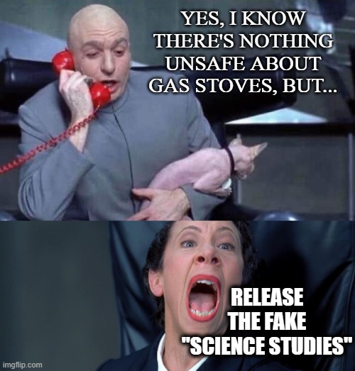 Dr Evil and Frau | YES, I KNOW THERE'S NOTHING UNSAFE ABOUT GAS STOVES, BUT... RELEASE THE FAKE "SCIENCE STUDIES" | image tagged in dr evil and frau | made w/ Imgflip meme maker