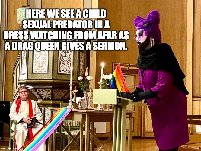 There is only one person in this picture I'd trust around kids. | HERE WE SEE A CHILD SEXUAL PREDATOR IN A DRESS WATCHING FROM AFAR AS A DRAG QUEEN GIVES A SERMON. | image tagged in drag queen,lgbtq,priest,catholic church,groomer | made w/ Imgflip meme maker