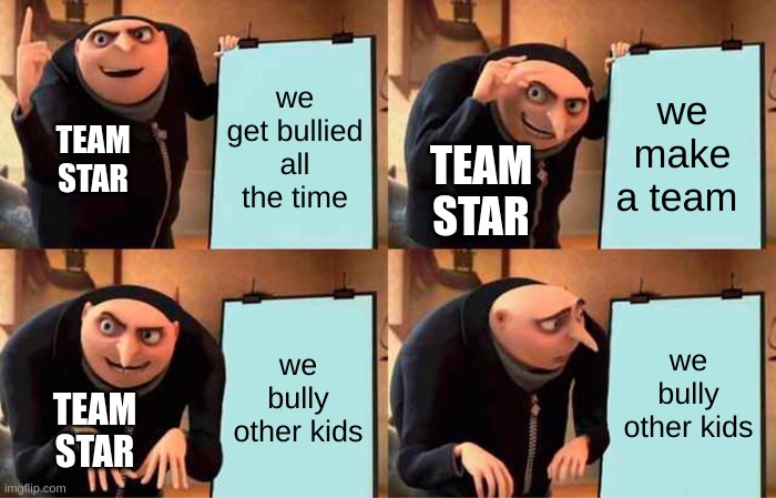 Gru's Plan Meme | we get bullied all the time; we make a team; TEAM STAR; TEAM STAR; we bully other kids; we bully other kids; TEAM STAR | image tagged in memes,gru's plan | made w/ Imgflip meme maker