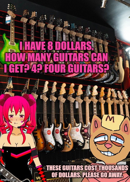 Mina visits guitar world | I HAVE 8 DOLLARS. HOW MANY GUITARS CAN I GET? 4? FOUR GUITARS? THESE GUITARS COST THOUSANDS OF DOLLARS. PLEASE GO AWAY. | image tagged in guitar,world,mina,heavy metal | made w/ Imgflip meme maker