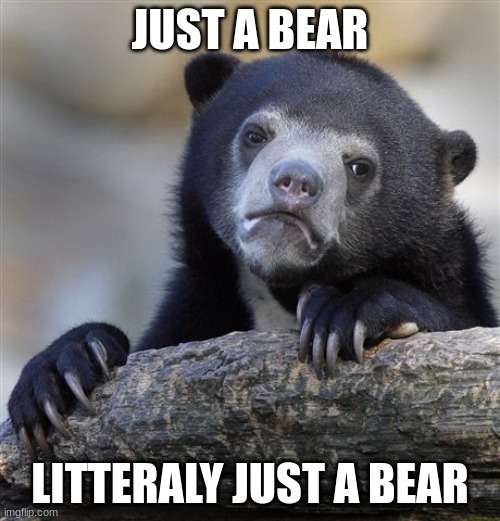 just a bear | JUST A BEAR; LITTERALY JUST A BEAR | image tagged in memes,confession bear,bear,how about no bear | made w/ Imgflip meme maker