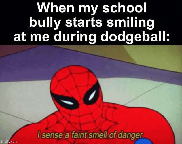Long story short: I now have a black eye | When my school bully starts smiling at me during dodgeball: | image tagged in memes,unfunny | made w/ Imgflip meme maker