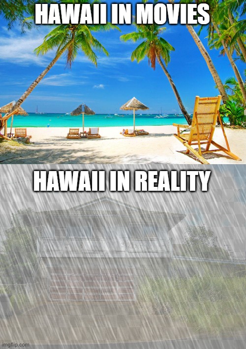 HAWAII IN MOVIES; HAWAII IN REALITY | image tagged in hawaii | made w/ Imgflip meme maker