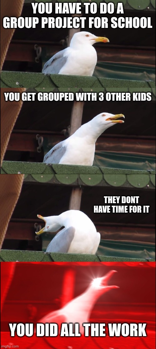Inhaling Seagull Meme | YOU HAVE TO DO A GROUP PROJECT FOR SCHOOL; YOU GET GROUPED WITH 3 OTHER KIDS; THEY DONT HAVE TIME FOR IT; YOU DID ALL THE WORK | image tagged in memes,inhaling seagull | made w/ Imgflip meme maker