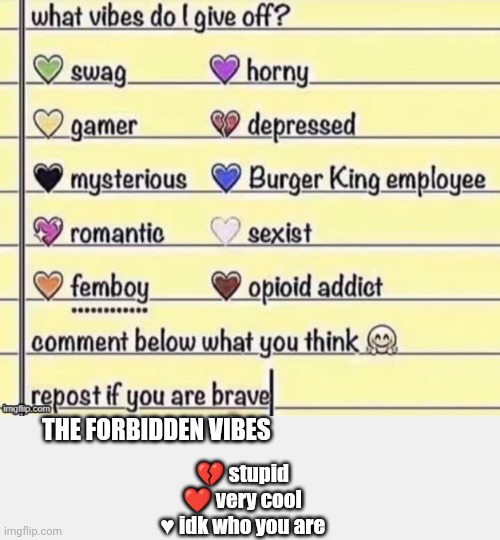? stupid
❤️ very cool
♥️ idk who you are THE FORBIDDEN VIBES | made w/ Imgflip meme maker