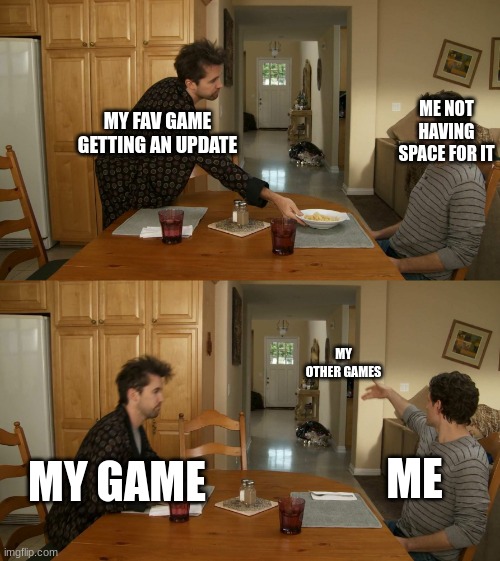 Plate toss | ME NOT HAVING SPACE FOR IT; MY FAV GAME GETTING AN UPDATE; MY OTHER GAMES; MY GAME; ME | image tagged in plate toss | made w/ Imgflip meme maker