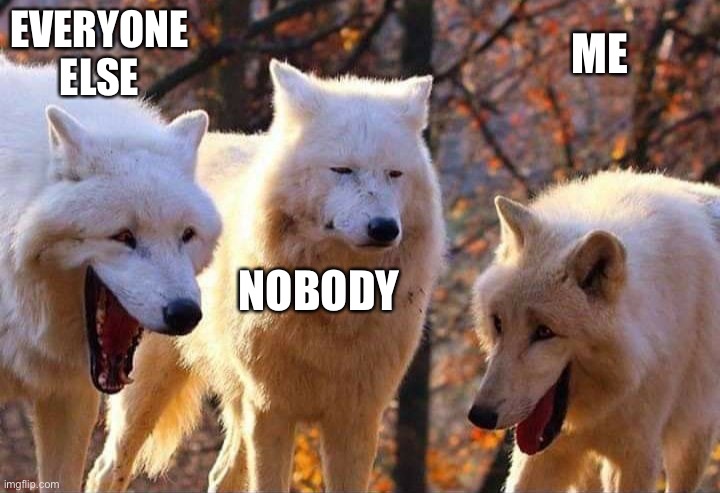 Laughing wolf | EVERYONE ELSE NOBODY ME | image tagged in laughing wolf | made w/ Imgflip meme maker