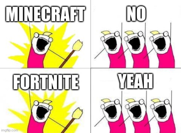 Yeah | MINECRAFT; NO; YEAH; FORTNITE | image tagged in memes,what do we want | made w/ Imgflip meme maker