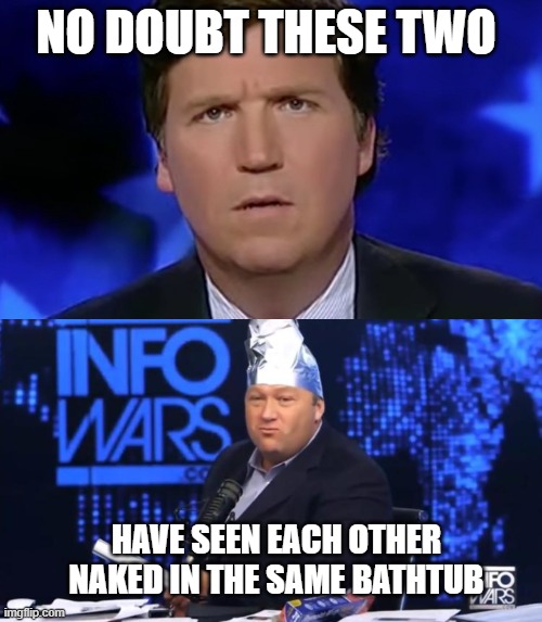 idiots | NO DOUBT THESE TWO; HAVE SEEN EACH OTHER NAKED IN THE SAME BATHTUB | image tagged in tucker carlson,alex jones tinfoil hat | made w/ Imgflip meme maker