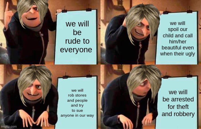 karans plan | we will be rude to everyone; we will spoil our child and call him/her beautiful even when their ugly; we will rob stores and people and try to sue anyone in our way; we will be arrested for theft and robbery | image tagged in memes,gru's plan | made w/ Imgflip meme maker