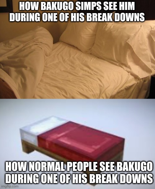 HOW BAKUGO SIMPS SEE HIM DURING ONE OF HIS BREAK DOWNS; HOW NORMAL PEOPLE SEE BAKUGO DURING ONE OF HIS BREAK DOWNS | image tagged in bed | made w/ Imgflip meme maker