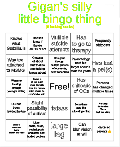 Gigan's silly little bingo thing Blank Meme Template