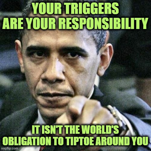 Pissed Off Obama Meme | YOUR TRIGGERS ARE YOUR RESPONSIBILITY IT ISN'T THE WORLD'S OBLIGATION TO TIPTOE AROUND YOU | image tagged in memes,pissed off obama | made w/ Imgflip meme maker