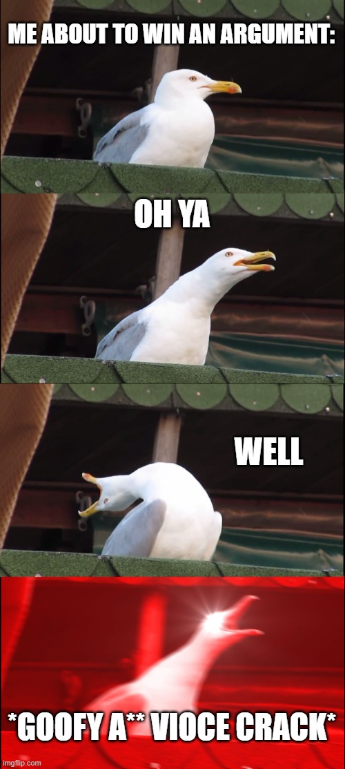 Inhaling Seagull | ME ABOUT TO WIN AN ARGUMENT:; OH YA; WELL; *GOOFY A** VIOCE CRACK* | image tagged in memes,inhaling seagull | made w/ Imgflip meme maker