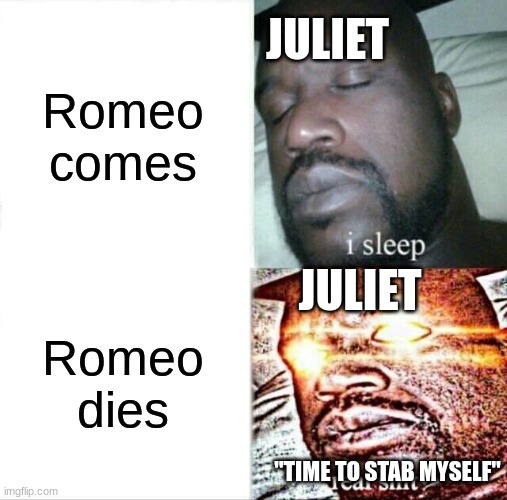 Sleeping Shaq | Romeo comes; JULIET; JULIET; Romeo dies; "TIME TO STAB MYSELF" | image tagged in memes,sleeping shaq | made w/ Imgflip meme maker