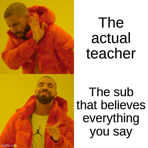Drake Hotline Bling | The actual teacher; The sub that believes everything you say | image tagged in memes,drake hotline bling,relatable,school,teacher,so true memes | made w/ Imgflip meme maker
