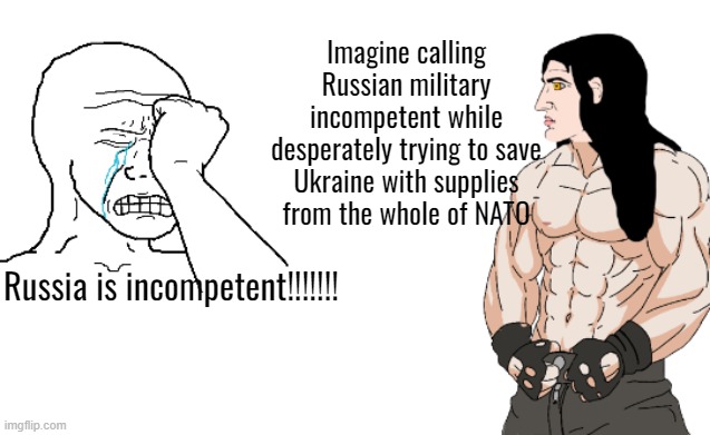 Imagine calling Russian military incompetent while desperately trying to save Ukraine with supplies from the whole of NATO; Russia is incompetent!!!!!!! | made w/ Imgflip meme maker