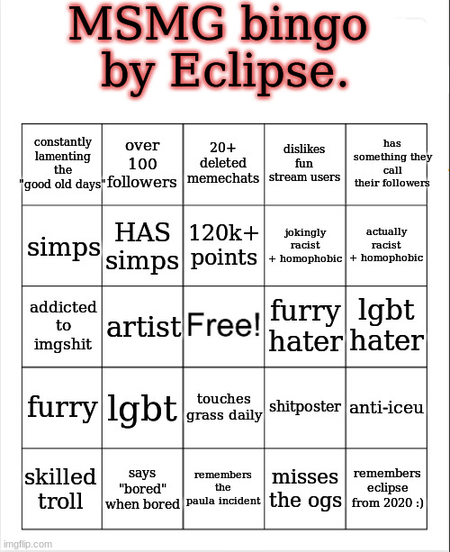 here yall go | image tagged in msmg bingo by eclipse | made w/ Imgflip meme maker