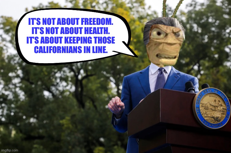 Grasshopper Newsom | IT’S NOT ABOUT FREEDOM.
IT’S NOT ABOUT HEALTH.
IT’S ABOUT KEEPING THOSE
CALIFORNIANS IN LINE. | image tagged in memes,gavin newsom,communist,california,disney,movie | made w/ Imgflip meme maker