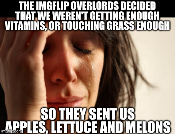 First World Problems Meme | THE IMGFLIP OVERLORDS DECIDED THAT WE WEREN'T GETTING ENOUGH VITAMINS, OR TOUCHING GRASS ENOUGH SO THEY SENT US APPLES, LETTUCE AND MELONS | image tagged in memes,first world problems | made w/ Imgflip meme maker