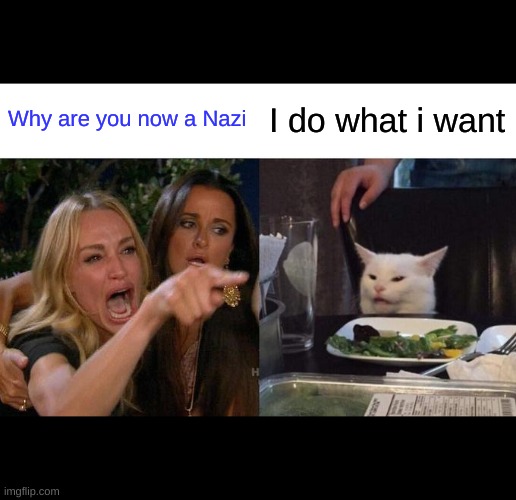 Woman Yelling At Cat | Why are you now a Nazi; I do what i want | image tagged in memes,woman yelling at cat | made w/ Imgflip meme maker