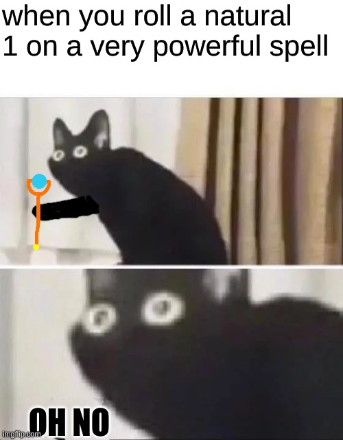 dnd logic | when you roll a natural 1 on a very powerful spell; OH NO | image tagged in oh no black cat,dnd,meme | made w/ Imgflip meme maker
