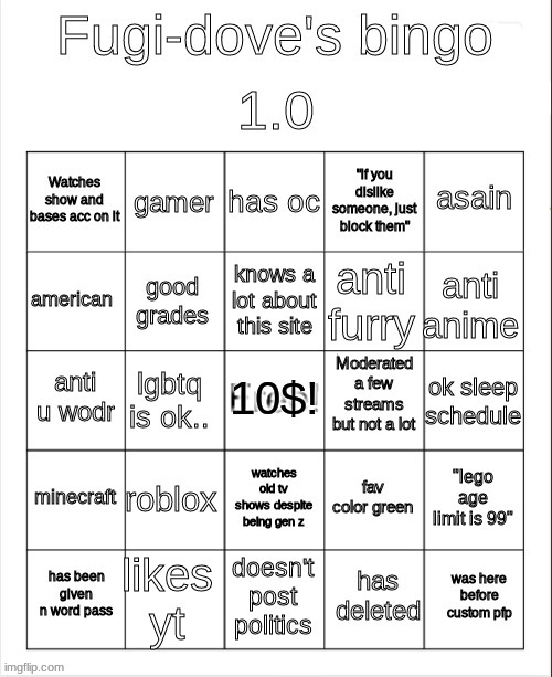 Fugi-dove bingo 1.0 | image tagged in fugi-dove bingo 1 0 | made w/ Imgflip meme maker