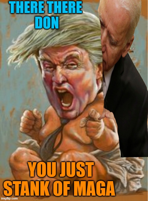 Trump Baby | THERE THERE 
DON YOU JUST STANK OF MAGA | image tagged in trump baby | made w/ Imgflip meme maker