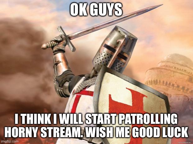 (Drew: Good luck) | OK GUYS; I THINK I WILL START PATROLLING HORNY STREAM. WISH ME GOOD LUCK | image tagged in crusader | made w/ Imgflip meme maker