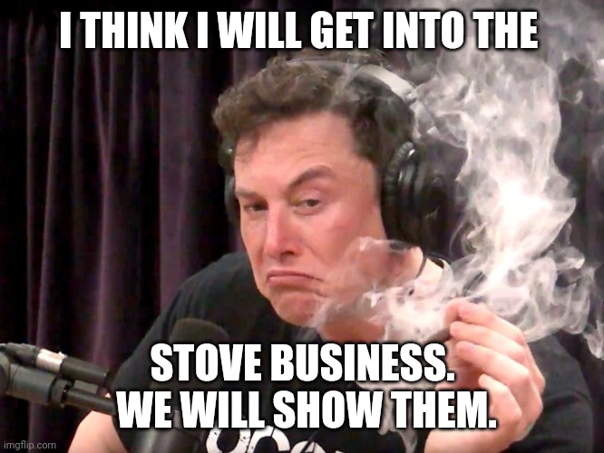 Elon Musk Weed | I THINK I WILL GET INTO THE STOVE BUSINESS.  WE WILL SHOW THEM. | image tagged in elon musk weed | made w/ Imgflip meme maker