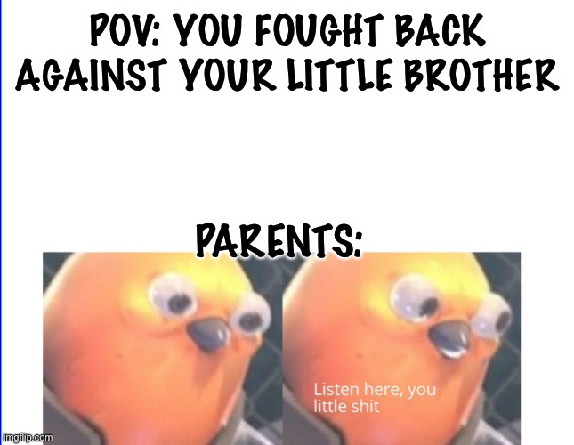 You won’t get away with it | POV: YOU FOUGHT BACK AGAINST YOUR LITTLE BROTHER; PARENTS: | image tagged in listen here you little shit,little brother,relatable memes,memes,parents | made w/ Imgflip meme maker