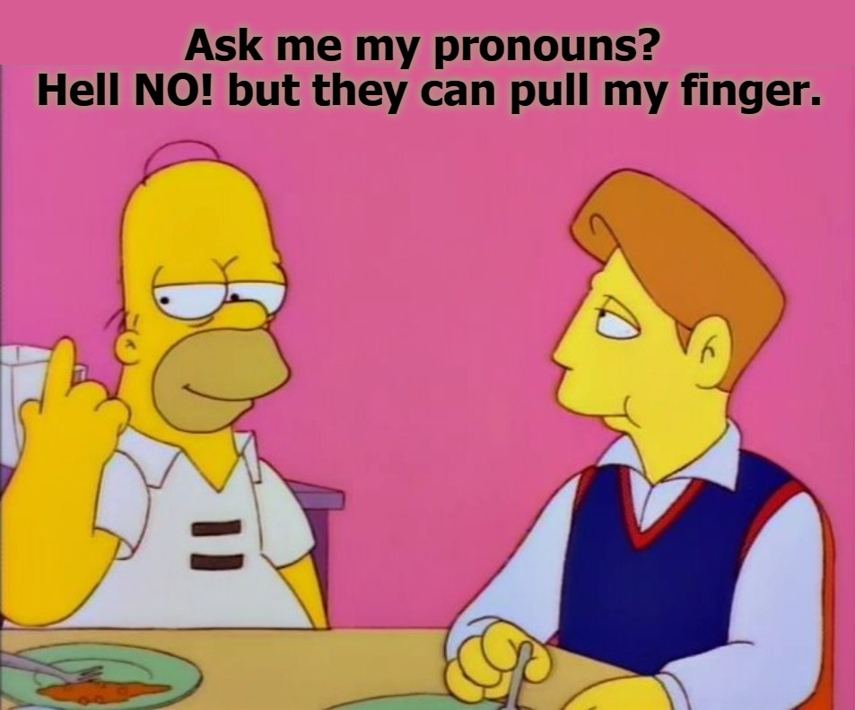 Ask me my pronouns? Hell NO! but they can pull my finger. | image tagged in pronouns,pull my finger,homer simpson,woohoo homer simpson,the force awakens,funny | made w/ Imgflip meme maker