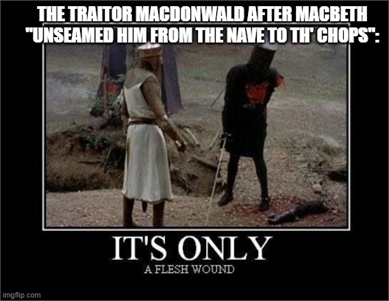 Flesh Wound | THE TRAITOR MACDONWALD AFTER MACBETH "UNSEAMED HIM FROM THE NAVE TO TH' CHOPS": | image tagged in flesh wound | made w/ Imgflip meme maker