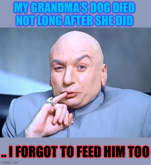 S’up dawg ? | MY GRANDMA’S DOG DIED NOT LONG AFTER SHE DID; .. I FORGOT TO FEED HIM TOO | image tagged in dr evil,grandma,doggo,death,murder,dark humour | made w/ Imgflip meme maker