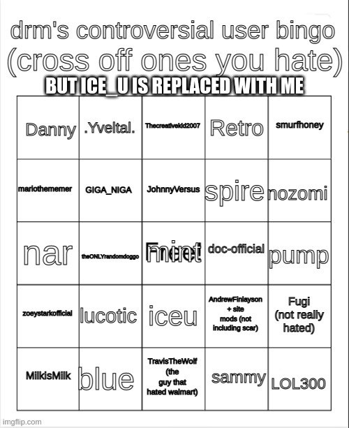 drm's controversial user bingo | BUT ICE_U IS REPLACED WITH ME; LOL300 | image tagged in drm's controversial user bingo,but ice u is replaced with me | made w/ Imgflip meme maker