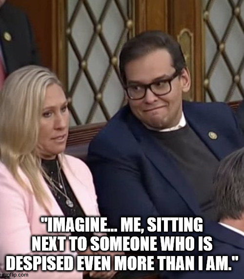 We're the Scum of the Earth. | "IMAGINE... ME, SITTING NEXT TO SOMEONE WHO IS DESPISED EVEN MORE THAN I AM." | image tagged in george santos mtg | made w/ Imgflip meme maker