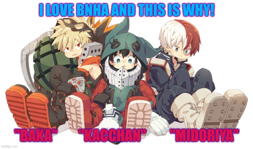 todobakudeku | I LOVE BNHA AND THIS IS WHY! "BAKA"        "KACCHAN"         "MIDORIYA" | image tagged in the best thing ever | made w/ Imgflip meme maker