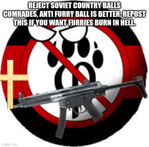 Don't get me wrong soviet ball is cool but this is better | REJECT SOVIET COUNTRY BALLS COMRADES, ANTI FURRY BALL IS BETTER. REPOST THIS IF YOU WANT FURRIES BURN IN HELL. | image tagged in anti furry country ball | made w/ Imgflip meme maker