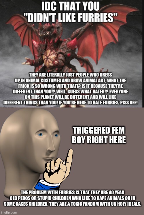 Comrade proving his point | TRIGGERED FEM BOY RIGHT HERE; THE PROBLEM WITH FURRIES IS THAT THEY ARE 40 YEAR OLD PEDOS OR STUPID CHILDREN WHO LIKE TO RAPE ANIMALS OR IN SOME CASES CHILDREN. THEY ARE A TOXIC FANDOM WITH UN HOLY IDEALS. | image tagged in destoroyah hates anti-furries | made w/ Imgflip meme maker