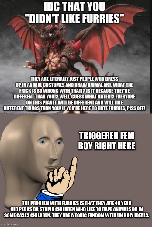 comrade proving a point. | TRIGGERED FEM BOY RIGHT HERE; THE PROBLEM WITH FURRIES IS THAT THEY ARE 40 YEAR OLD PEDOS OR STUPID CHILDREN WHO LIKE TO RAPE ANIMALS OR IN SOME CASES CHILDREN. THEY ARE A TOXIC FANDOM WITH UN HOLY IDEALS. | image tagged in destoroyah hates anti-furries | made w/ Imgflip meme maker