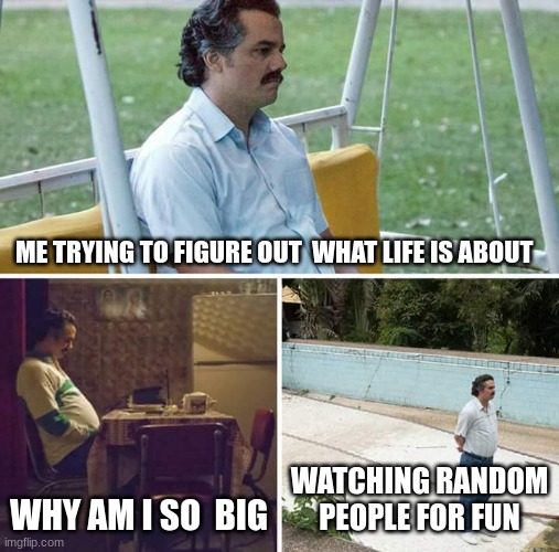 sad pablo escobar | ME TRYING TO FIGURE OUT  WHAT LIFE IS ABOUT; WHY AM I SO  BIG; WATCHING RANDOM PEOPLE FOR FUN | image tagged in memes,sad pablo escobar | made w/ Imgflip meme maker